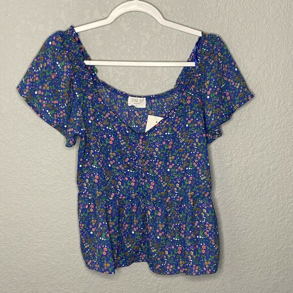 Sienna Sky Blue Floral Print Short Sleeve Top Size Small - Picture 1 of 6